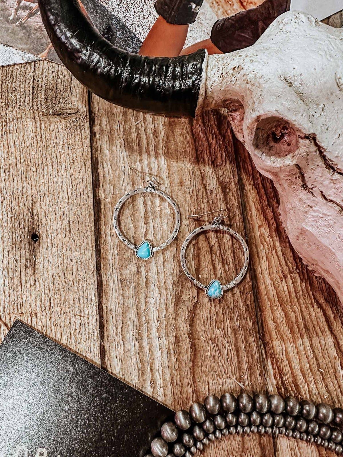 Stamped Silver and Turquoise Hoop Earrings